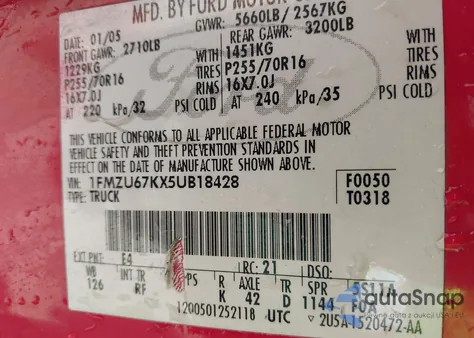 2005 Ford Explorer Sport Trac Adrenalin/Xls/Xlt из США, поврежденный, VIN 1FMZU67KX5UB18428